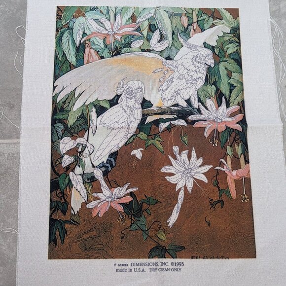 Crewel Needlepoint Vintage Dimensions Cockatoos Scene Embroidery canvas 1993 - Picture 1 of 5
